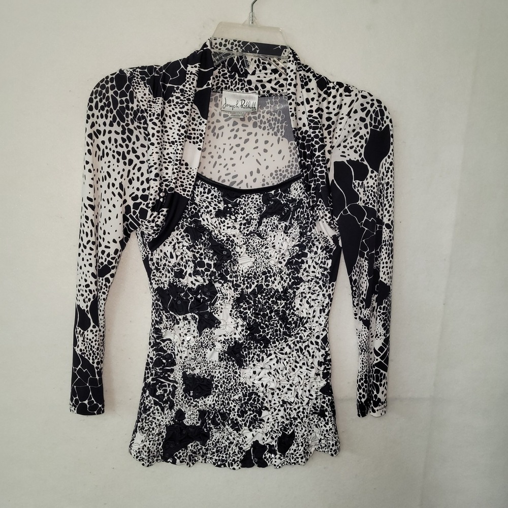 Joseph Ribkoff Black White Animal Print Sequin‎ Ruched Long Sleeve Top Blouse 4